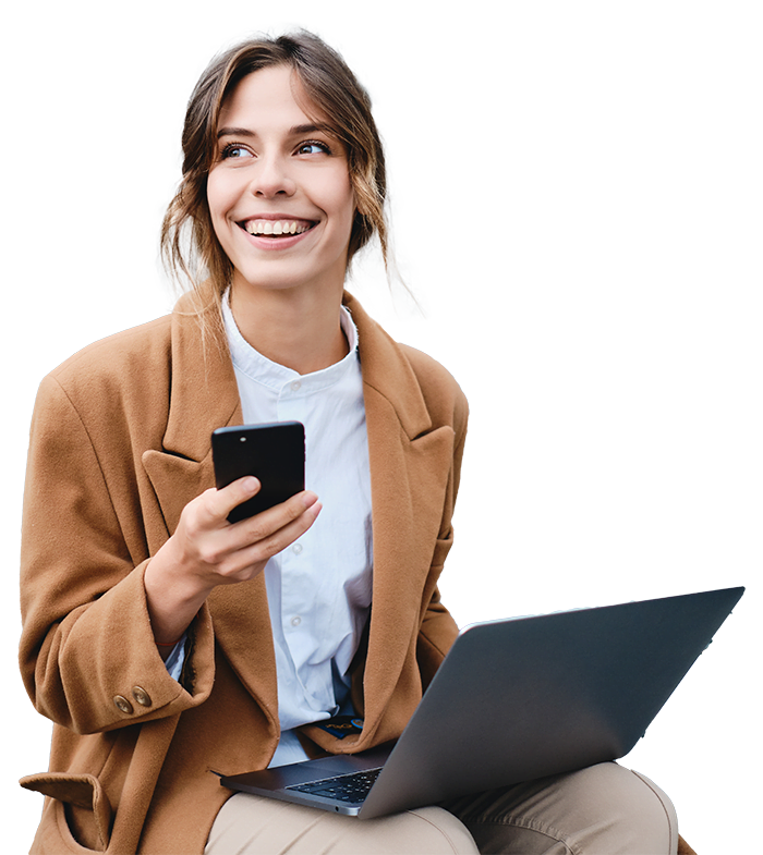 Student with phone and laptop