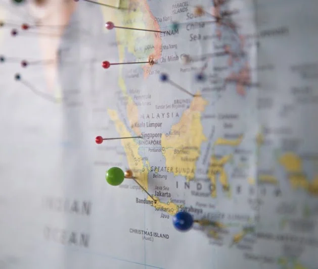 Pins in a map of the world indicating travel