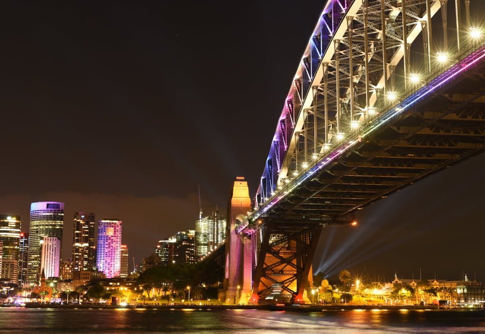 Sydney Harbour Bridge at night located near the Australian Pacific College, York St, Sydney campus